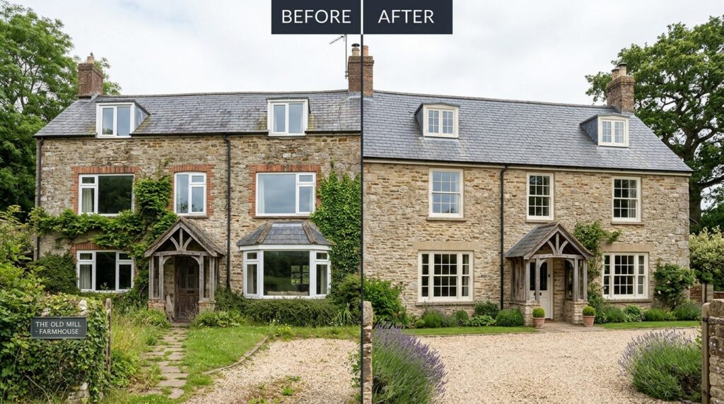 Before and after style split-screen photograph: left side sh