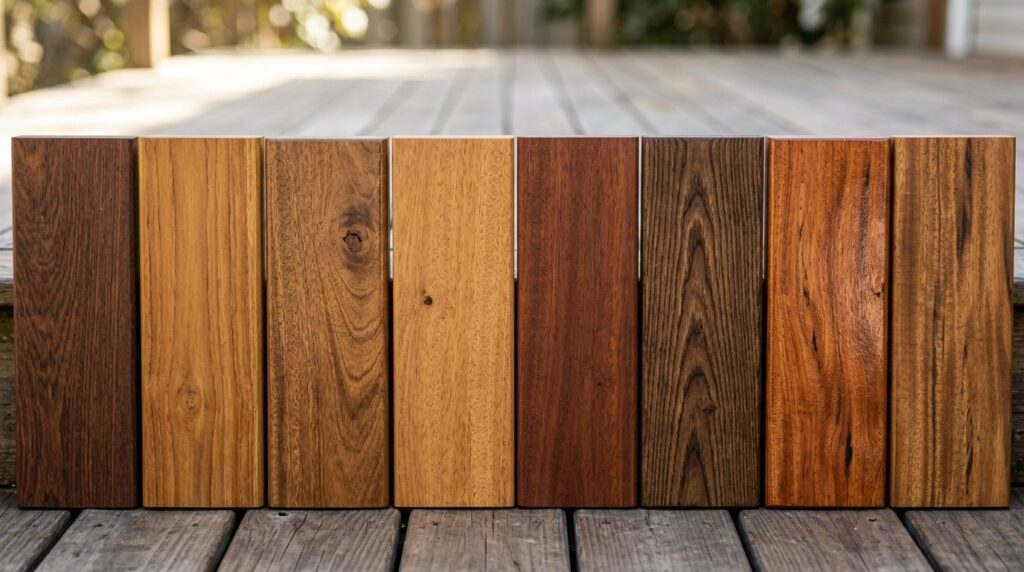 Close-up photorealistic detail shot of premium wooden deck b