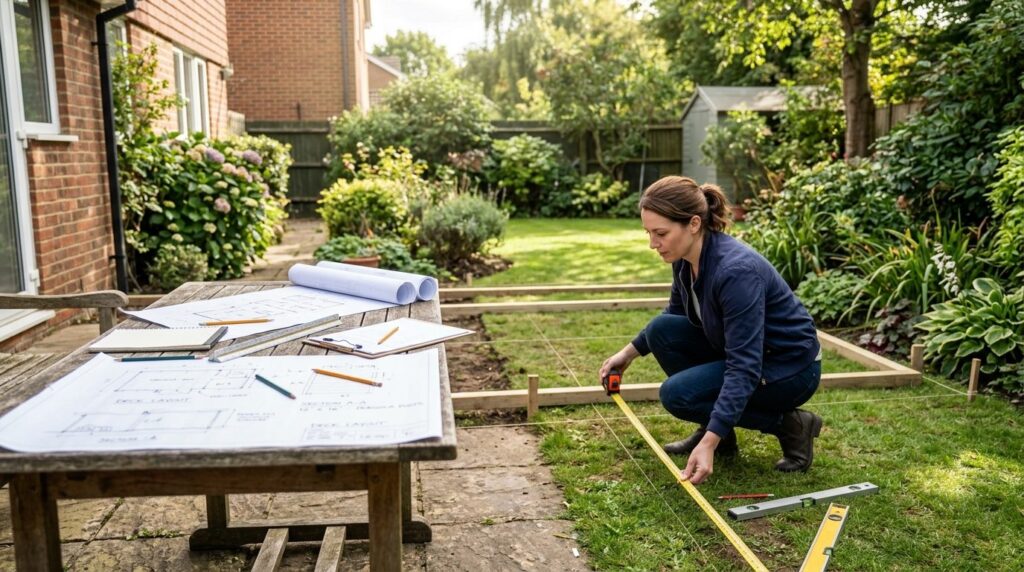 Photorealistic image of a homeowner measuring and planning a