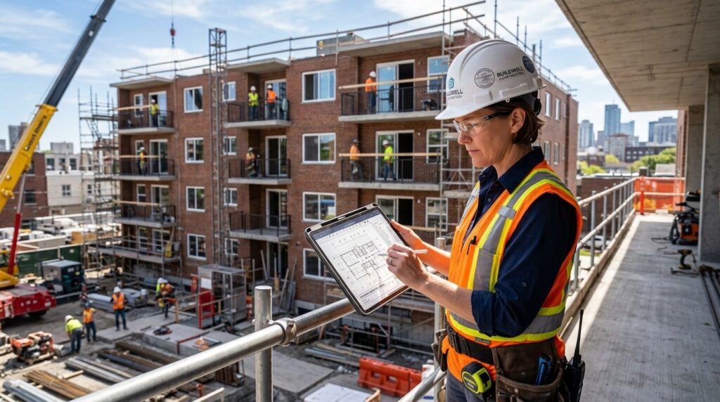 Experienced construction supervisor holding tablet reviewing