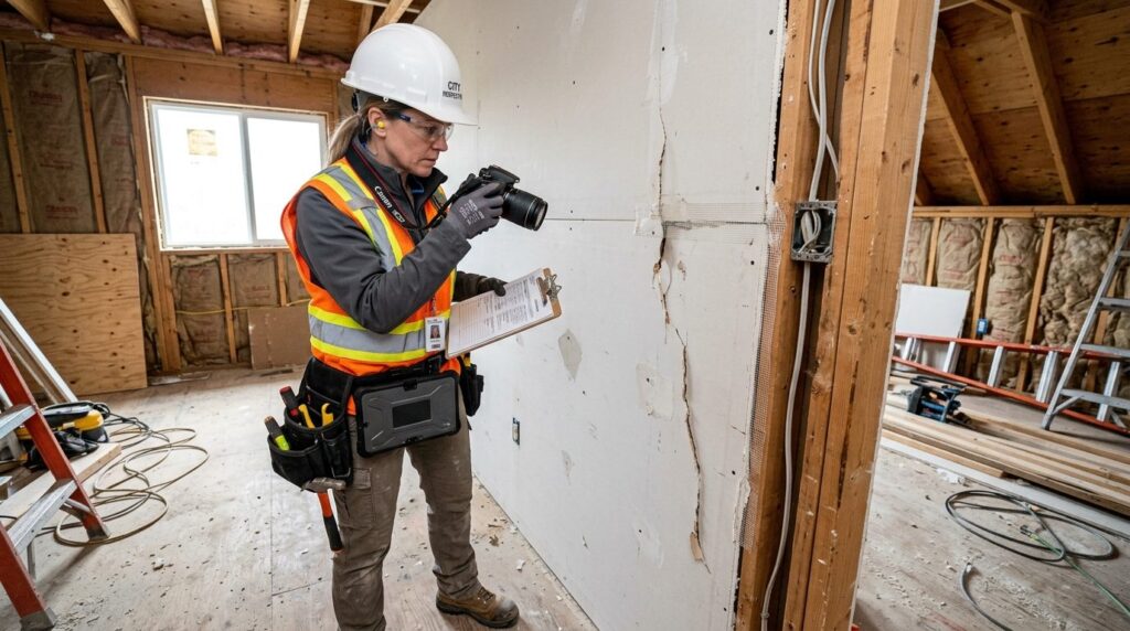 Building inspector documenting construction defects with dig