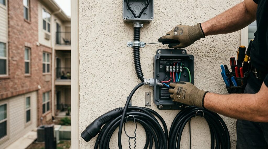 Elektrikers hænder monterer el-komponent set fra oven.