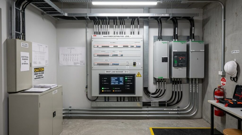 El-fordelingsrum i boligforenings kælderetage med installationer.