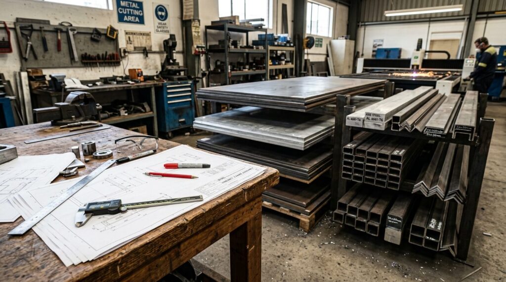 Nærbillede af metalskæring i værksted med værktøj og metalplader under arbejde.
