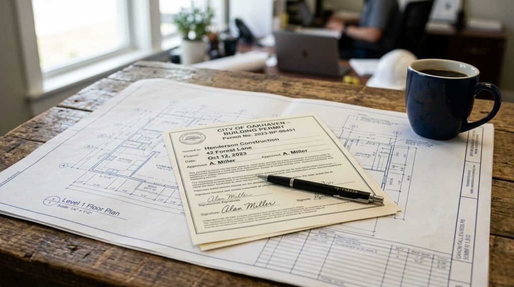 Close-up professional photograph of a building permit docume